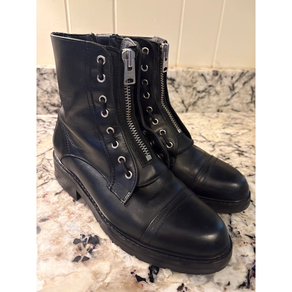 AllSaints Ariel Black Leather Front Zip Combat Boots 40 US 9.5/10 Lug Sole Moto